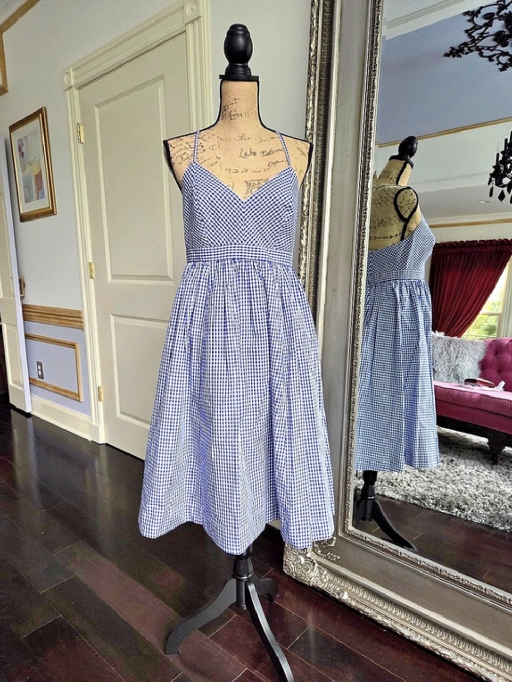 J.Crew Gingham Midi Dress in Blue & White Size 6 Like New